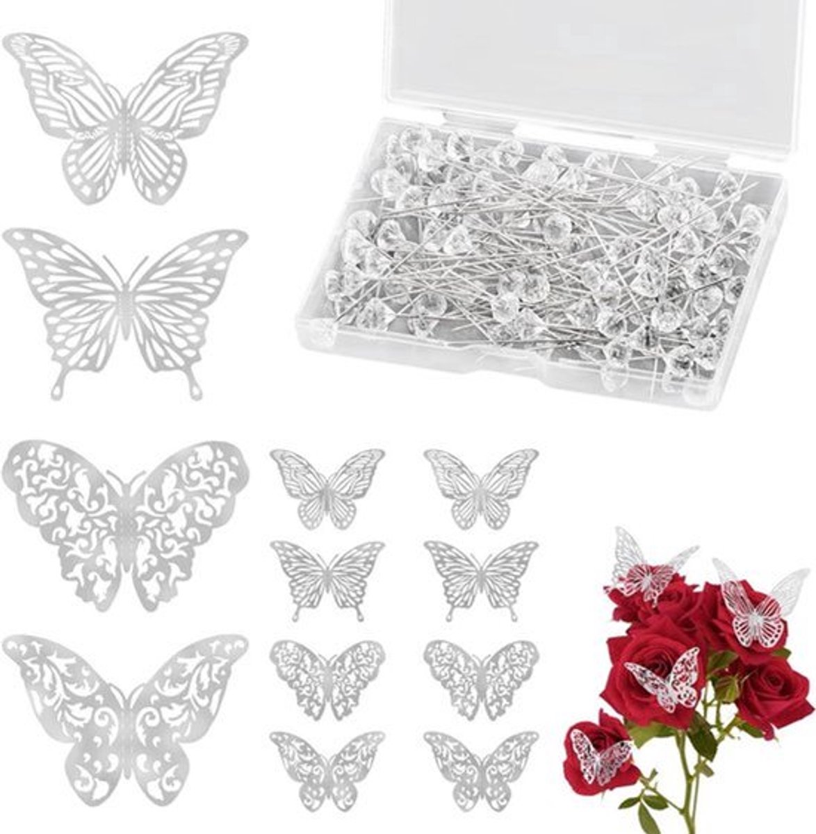 100 stuks boeket Corsages pins - 48 stuks 3D zilveren vlinder muur decor set Zilveren bloem diamant pinnen - Driedimensionale vlinder muursticker decoratie voor bruiloft verjaardagsfeestje