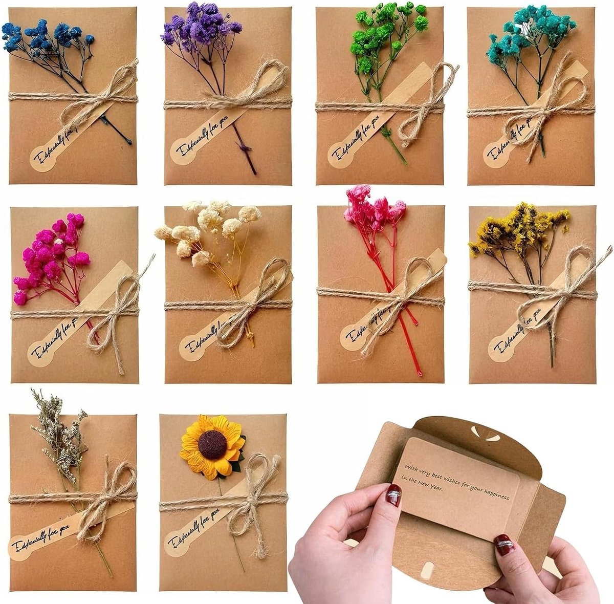 Set van 10 Wenskaarten met Droogbloemen en Enveloppen, Lege Verjaardagskaarten, Handgemaakte Retro Bedankkaarten voor Diverse Gelegenheden