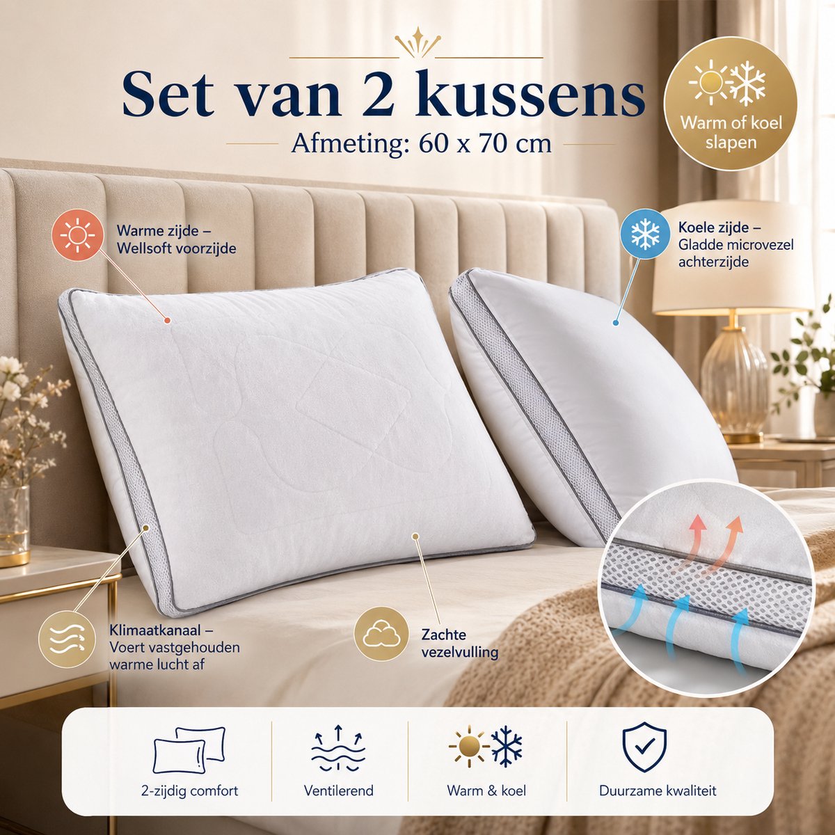 Fabric Box Premium Klimaat- en Wellsoft Hoofdkussen 60x70 cm – Fabric Box – Set van 2 – 2-in-1 Warm en Koel – Ventilerend en Omkeerbaar