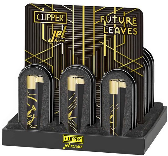Display met Clipper JetFlame aanstekers, Zwart met gouden lijnen en bladeren. "Future Leaves".