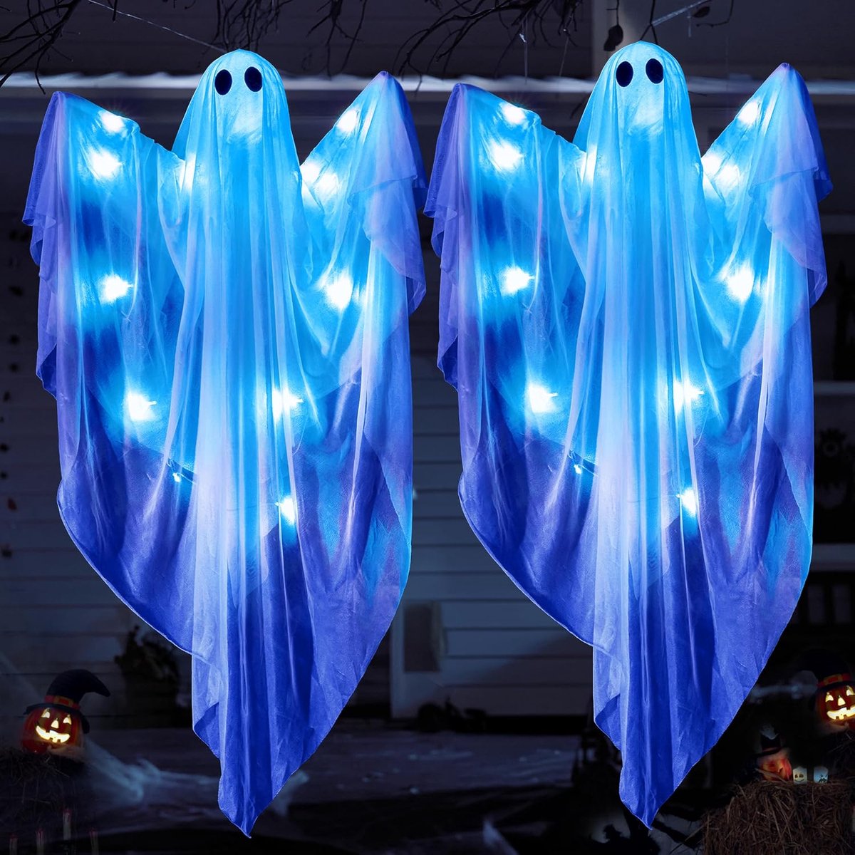 2 Stuks 120cm Hangende Lichtgevende Halloween Geestdecoraties - Witte Hangende Geesten met Blauwe LED‑Verlichting - Spookhuis Feestbenodigdheden - Decoratie voor Voortuin, Terras en Tuin