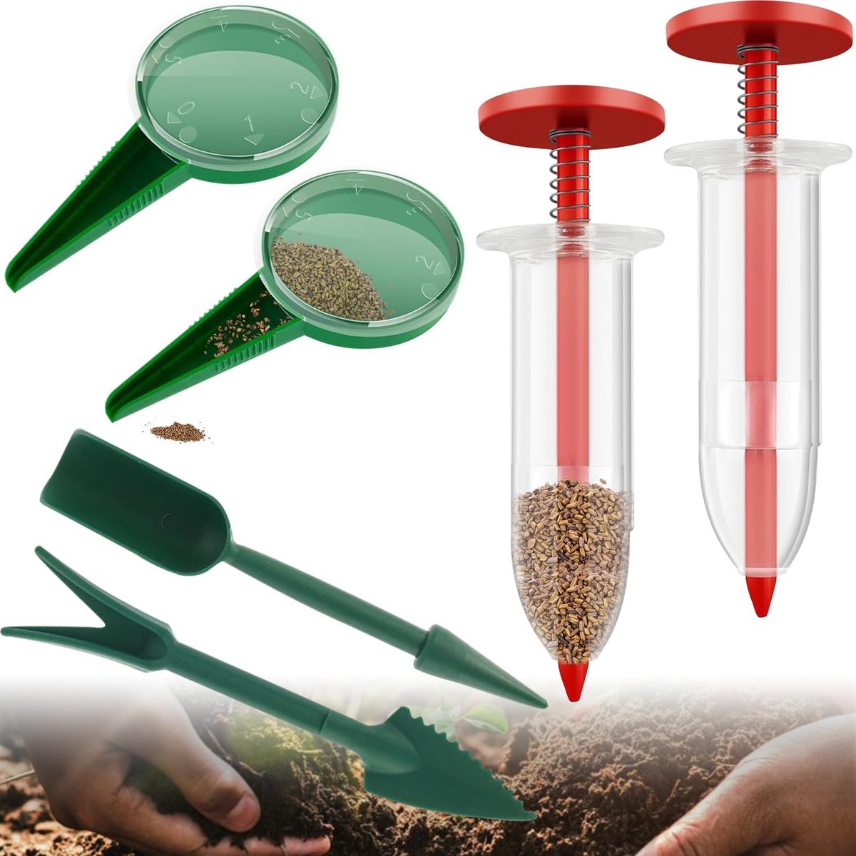 KZQ 6-delige handzaaimachine met 5 snelheden - Zaaihelper voor kleine zaden - Geschikt voor tuin en kweekbakken - Rood