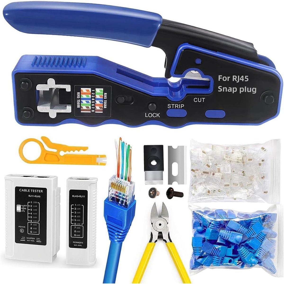 Professionele Crimping Pliers voor RJ45, Netwerktester, Stripper en Crimp Tool Set voor Cat5, Cat5e en Cat6 met 20 RJ45 Connectoren