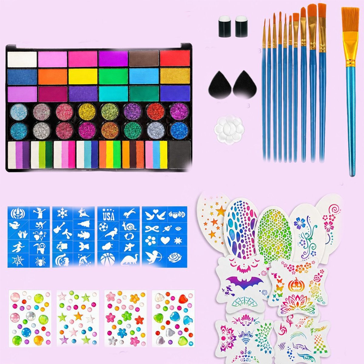 KZQ Gezichtsschilderset voor kinderen - 42 kleuren watergeactiveerde verf - Veilig en makkelijk aan te brengen - Geschikt voor feestjes carnaval en evenementen - Multicolor