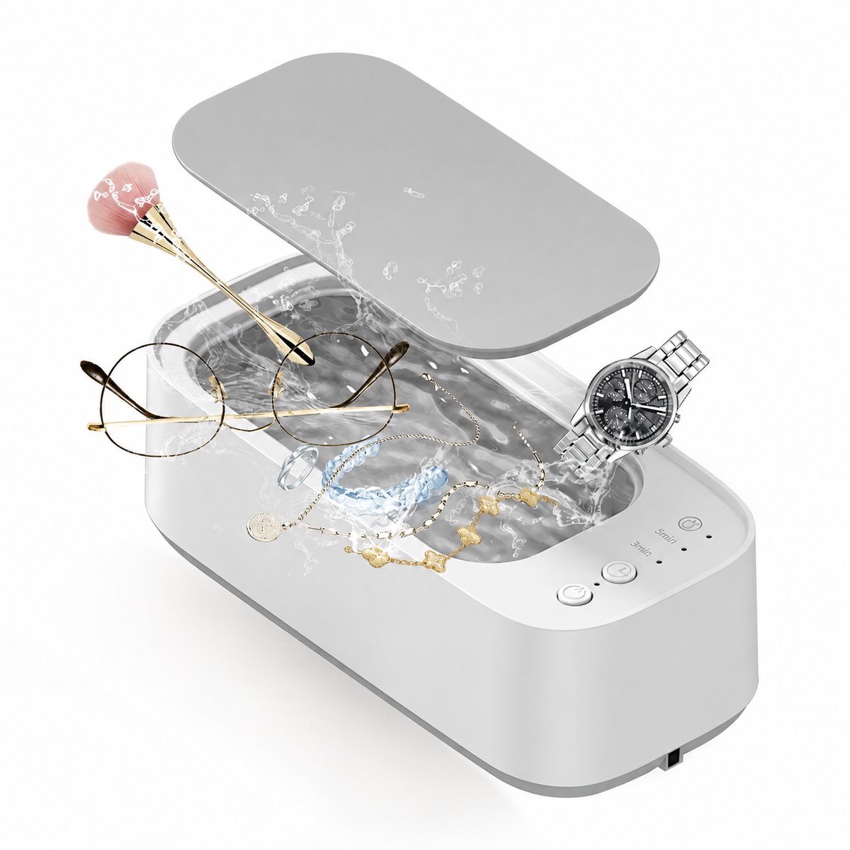 Adelair ultrasone reiniger - sieraden reiniger - reinigingsmachine - USB aangedreven - multifunctioneel - 3 reinigingsstanden - wit