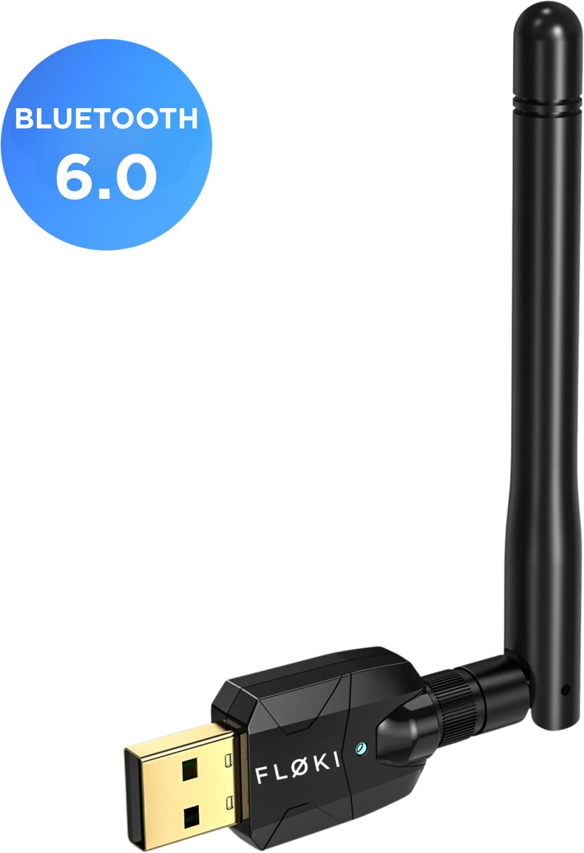 Floki® Bluetooth 6.0 Adapter met Antenne - 100M Bereik - USB Bluetooth dongle voor PC- Plug & Play - Windows 7/8.1/10/11