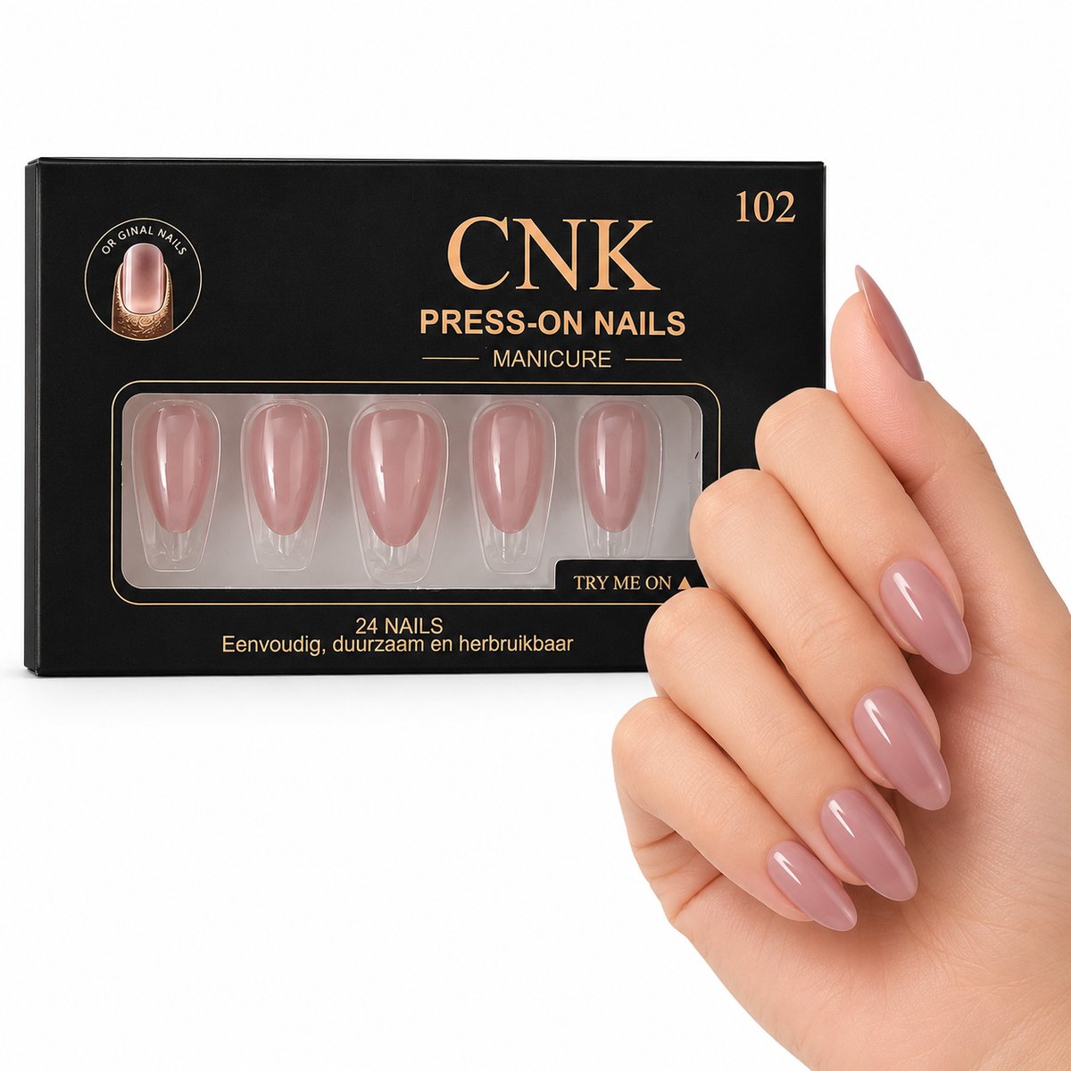 CNK 102 Press On Nails - Plaknagels - 24 Kunstnagels met Nagellijm, 24 Zelfklevende Plakstickers, Cleaner Wipe, Nagelvijl, Woodstick & Size Matcher - Nepnagels voor 7-14 Dagen - Herbruikbare Press-On Nagels - Starterspakket voor Manicure & Nail Art