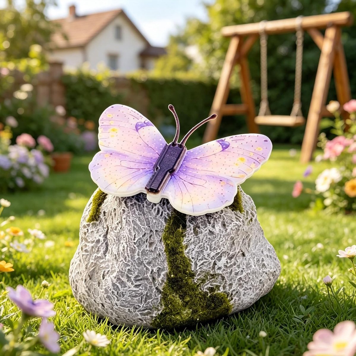 KZQ Solar LED tuinsteentje met vlinder - Verlichte decoratieve tuinsteen voor gazon en tuinpad - Paars