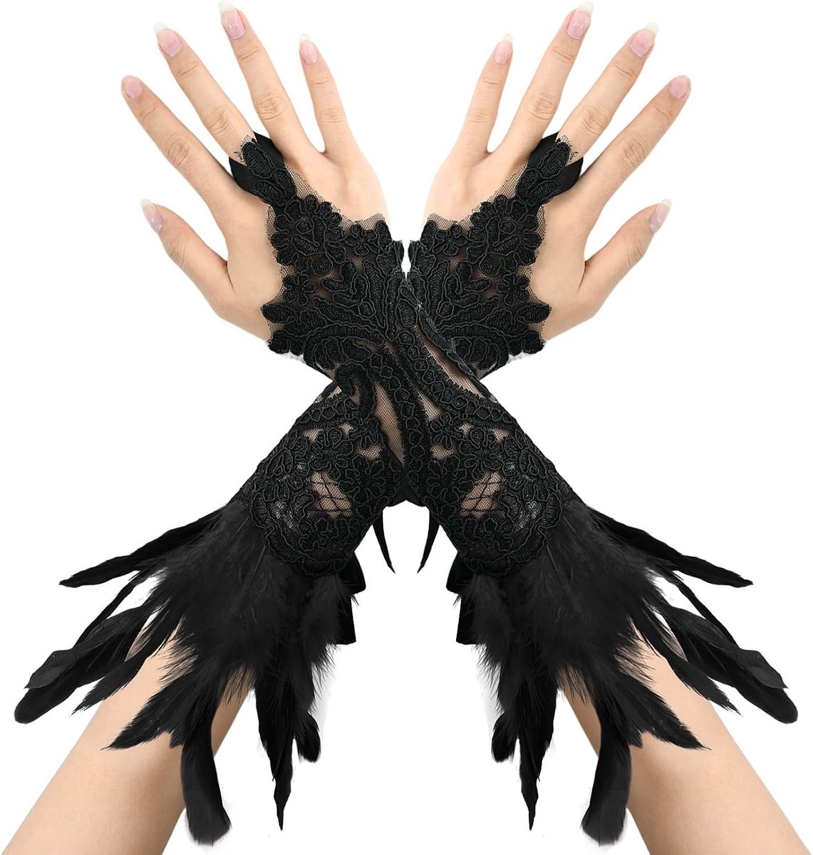 Retro Gothic Vingerloze Kanten Handschoenen met Veertjes voor Zwarte Zwaan, Heks en Carnaval Kostuums - Perfecte Accessoires voor Feestjes en Theatrale Optredens
