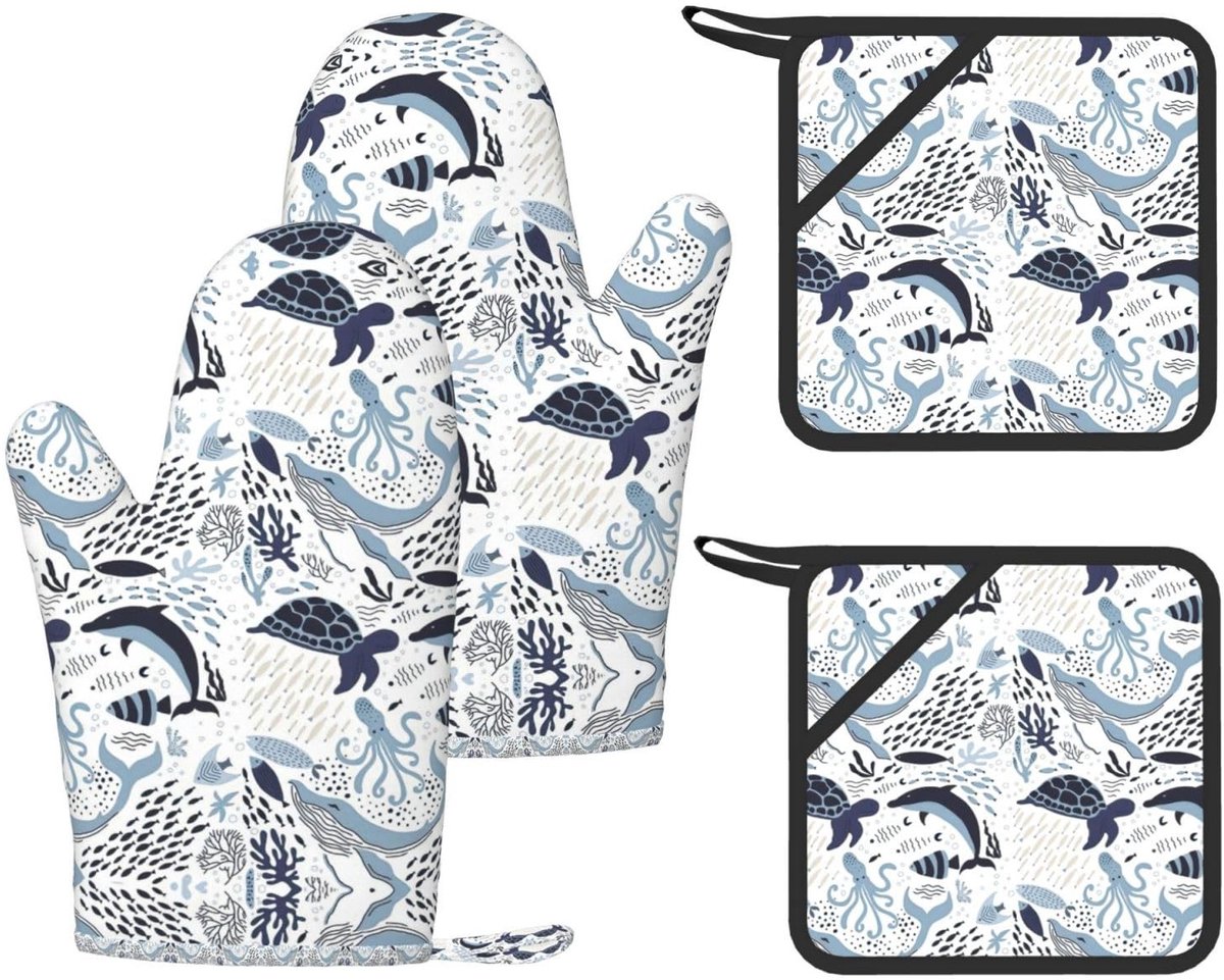 Ovenwanten en Pannenlappen Set - 4 Stuks - Oceaan Thema