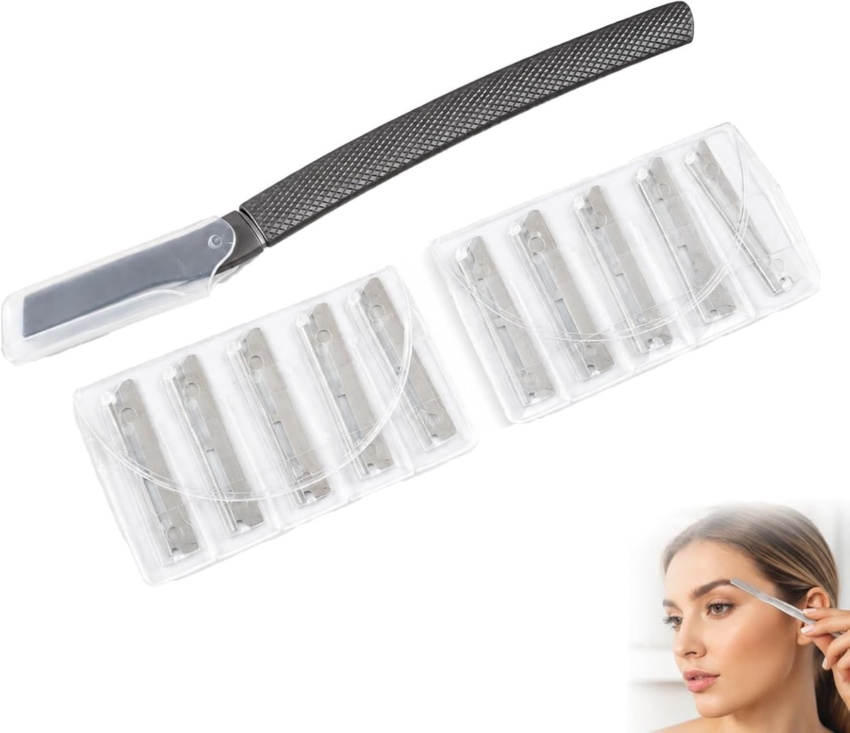Set van 11 Precisie Scheermesjes voor Wenkbrauwen met 10 Vervangende Blades, RVS Gezichtsscheermesjes met Etui voor Vrouwen, Perfect voor Scheren en Vormgeven