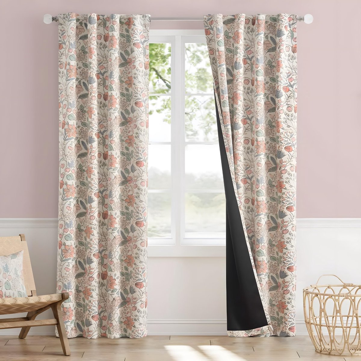 Verduisteringsgordijnen - Warmte-isolerend - 140 x 220 cm - 2 stuks - Roze/oranje bloemen