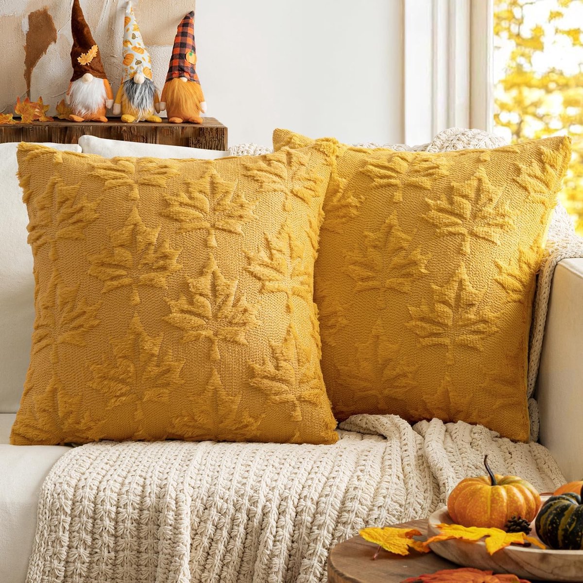 Set van 2 Kussenslopen van Nepwool met Herfstbladpatroon voor Bank en Slaapkamer - 45 x 45 cm, Comfortabel en Stijlvol