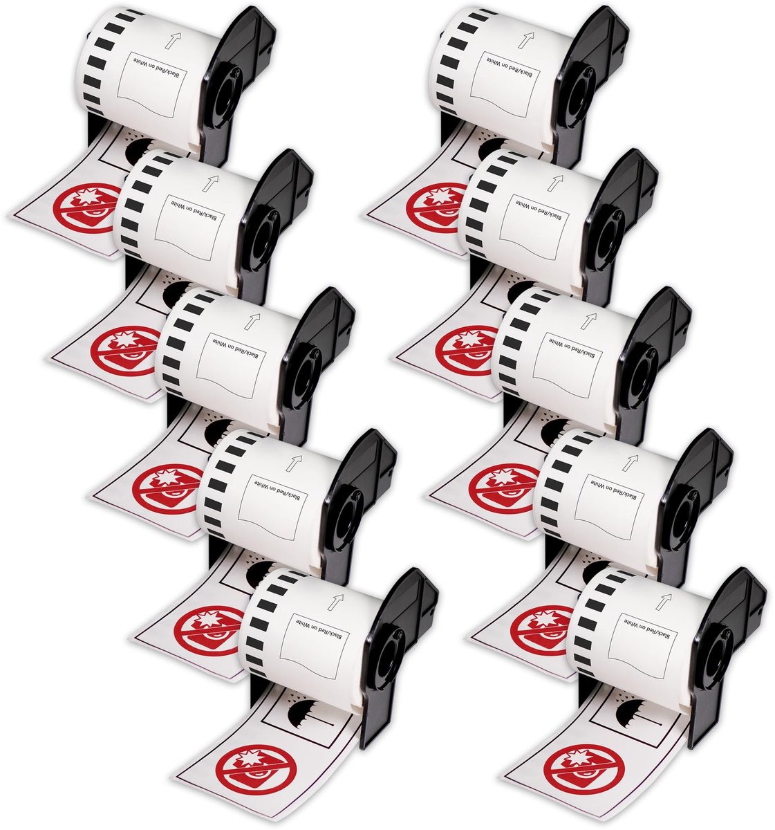 10 Rollen Labels DK-22251 - 62mm x 15.24m, Rood/Zwart op Wit