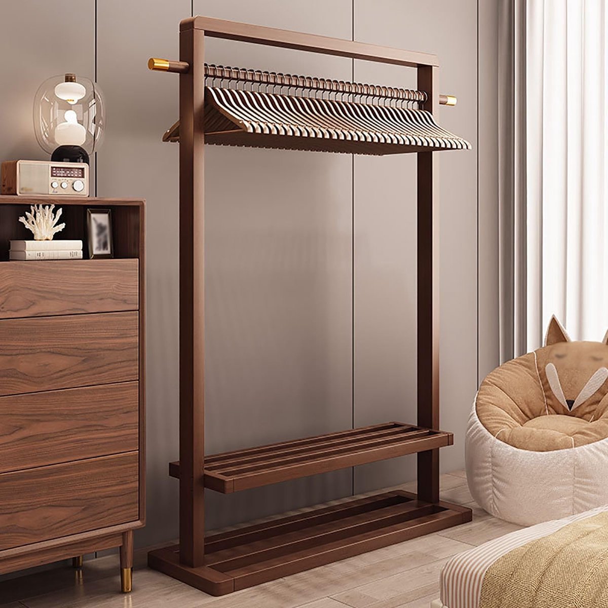 Houten Kledinghouder met Bank en Wielen - Geschikt voor Slaapkamer en Kantoor