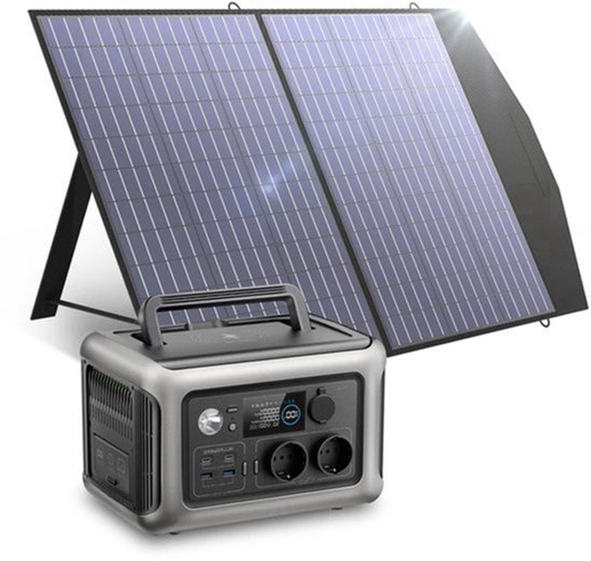 Powerstation - Generator - Aggregaat - Powerbank - Draagbare - 600W - met 100W Zonnepaneel - 299Wh LiFePO4 Zonnegenerator met UPS & MPPT - voor Kamperen en Back-up - Zwart