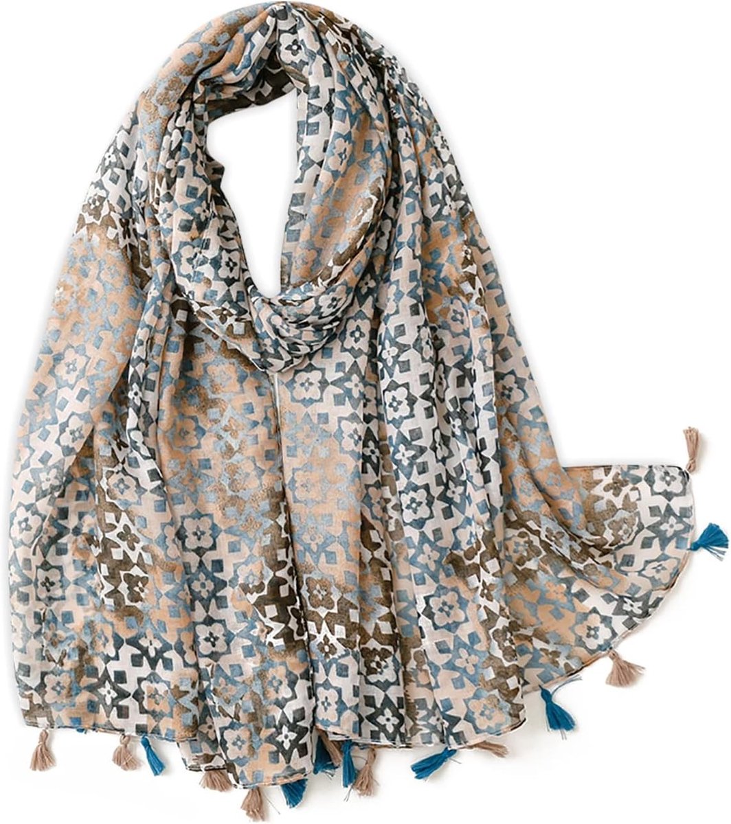 Elegante Voile Sjaal voor Dames met Bloemen- en Geometrische Patronen, Lichtgewicht en Zacht met Franje, Ideaal voor Elke Gelegenheid, Blauw en Bruin