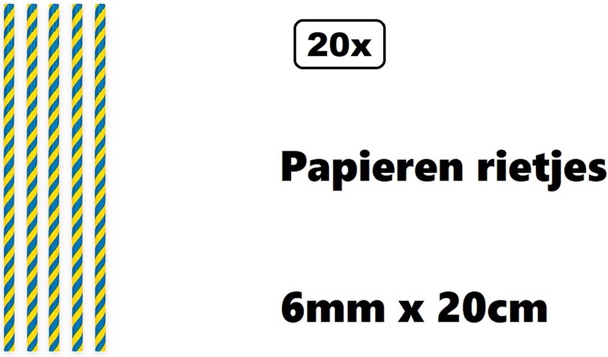 20 stuks Papieren rietjes stripes blauw/geel - 100% biologisch afbreekbaar - Thema party feest festival uitdeel rietje drinken