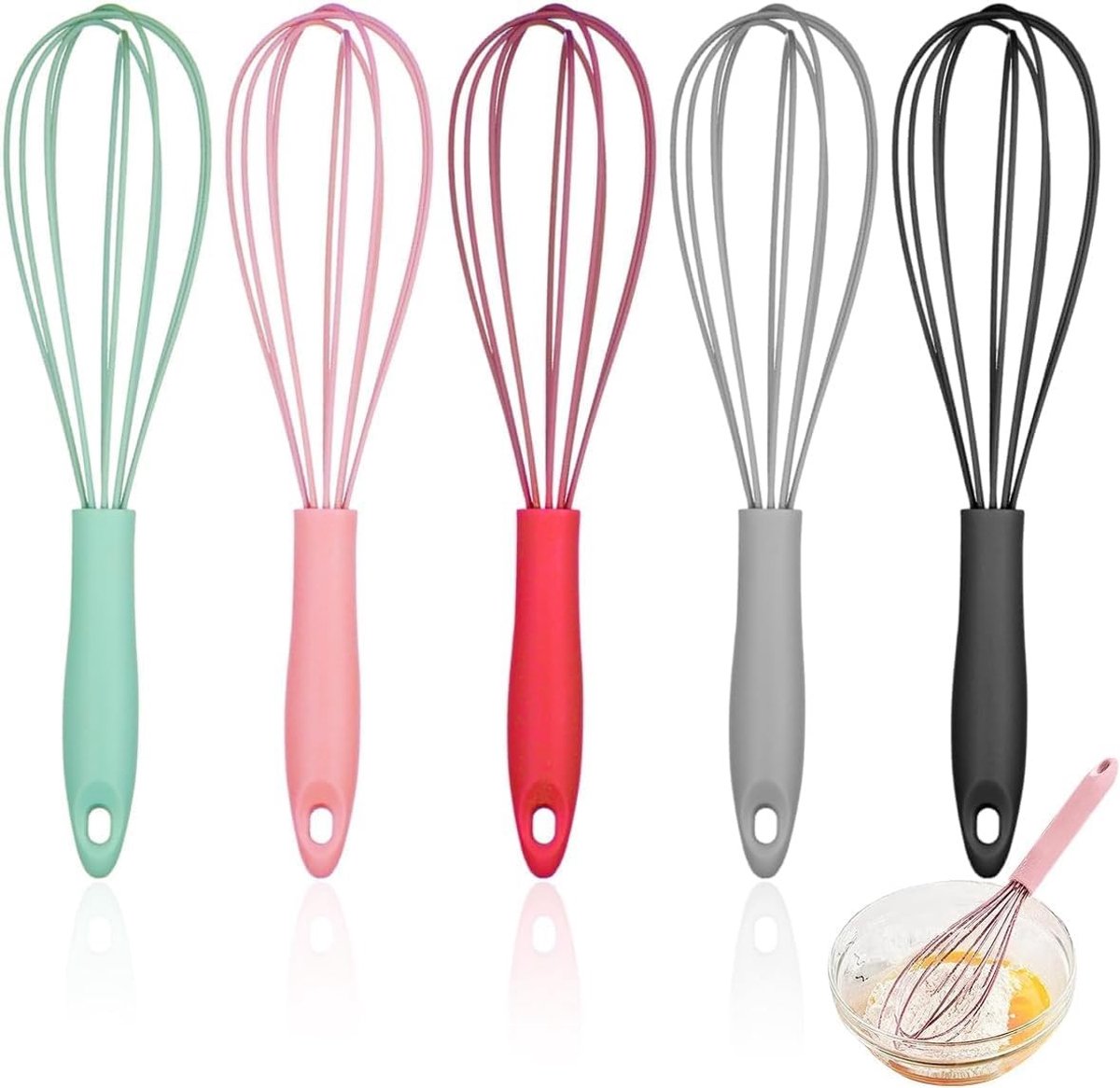 Set van 5 Silicone Keukenhulpmiddelen: Snoeppens, Ballonklopper, Antiaanbaklaag, Meng- en Klopgereedschap in 5 Kleuren