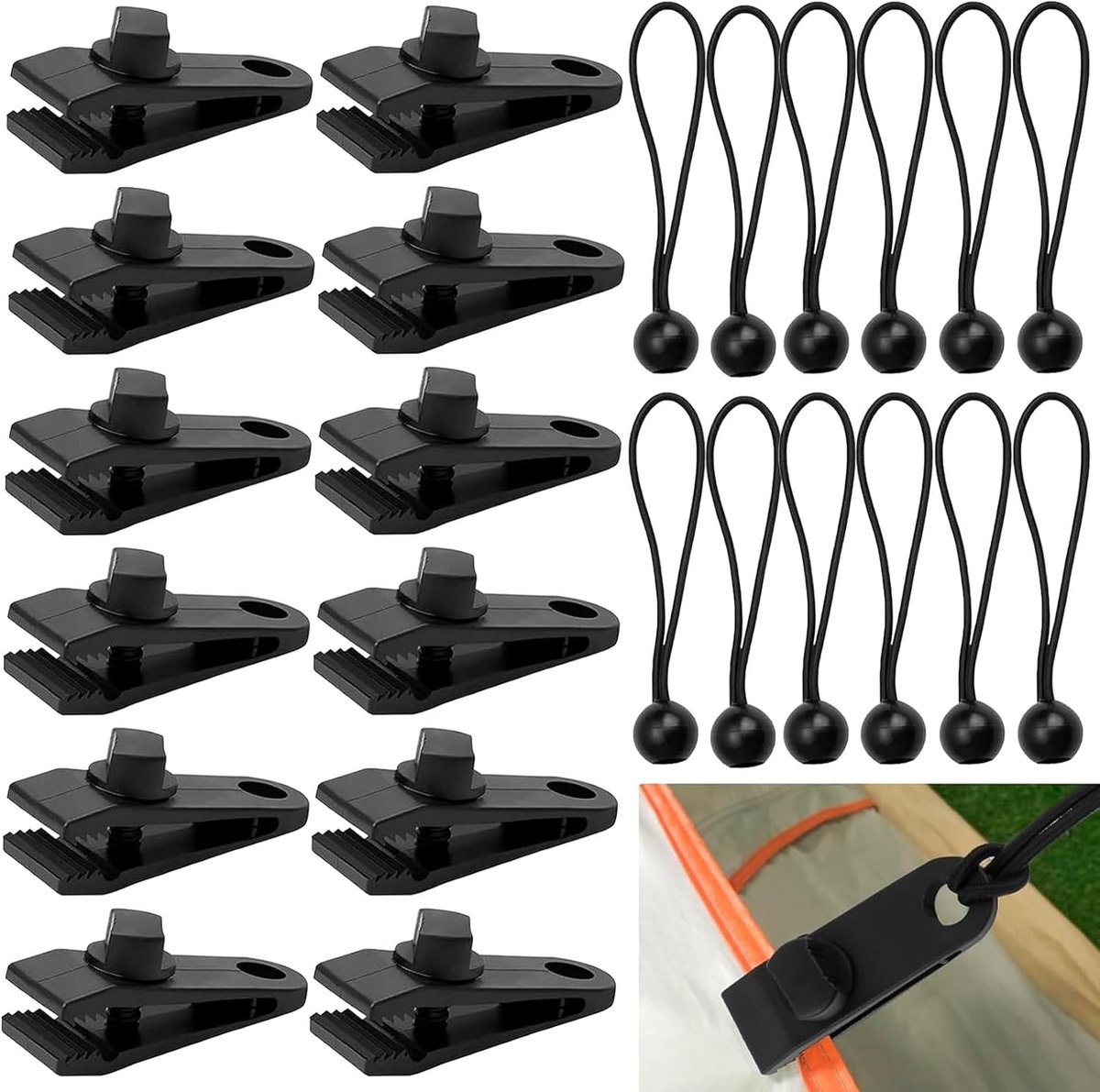 12 Stuks Sterke Zeilclips Set met Bungee Koorden, Buiten Grip Tentclips en Klemmen voor Kampeertenten en Caravan Bescherming
