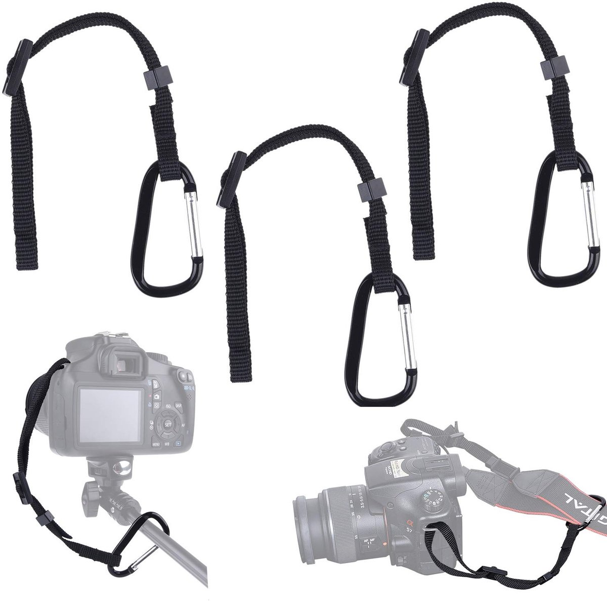 Camera Tether met Karabijnhaak - Set van 3 - Zwart