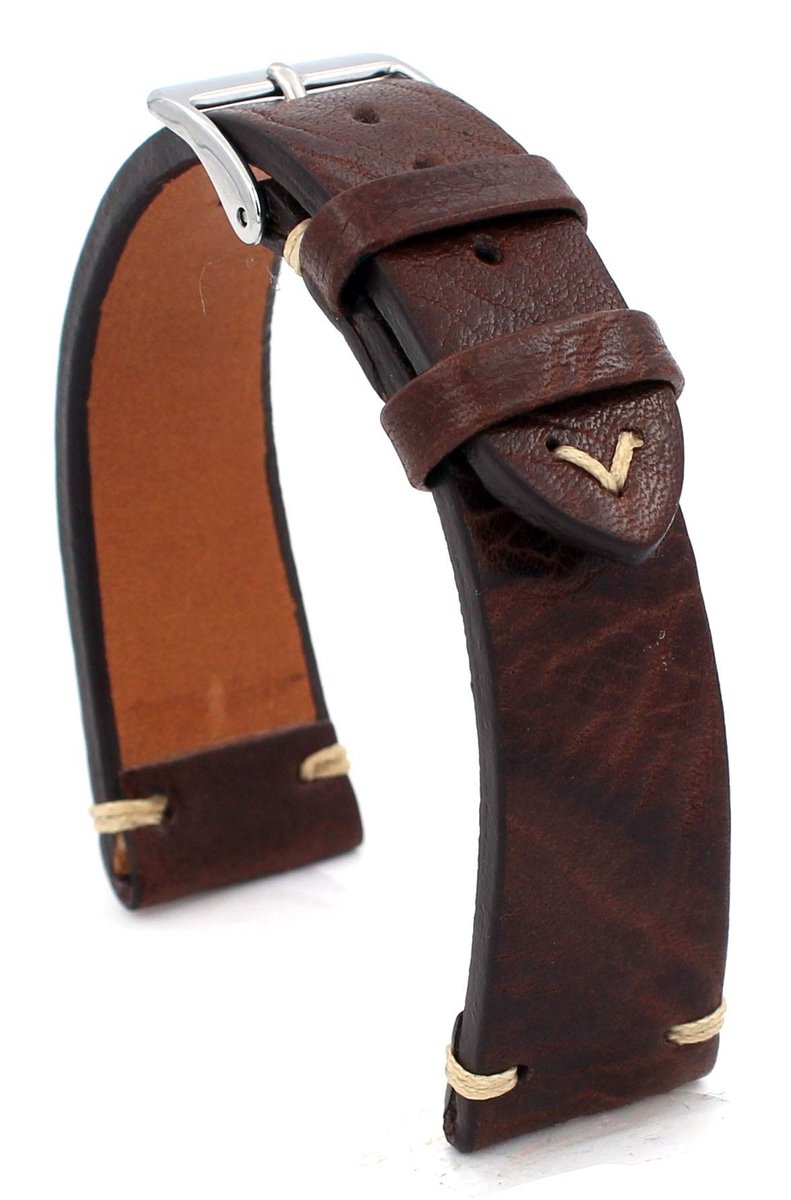 Vintage Koeienlederen Horlogeband - Handgemaakt - 22 mm Donkerbruin