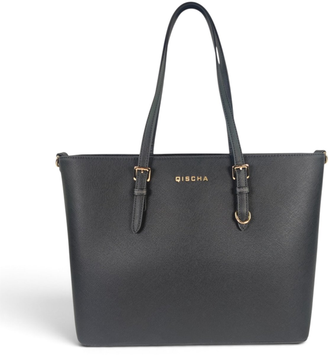 Qischa® - NALA - Grote schoudertas - handtas - luxe editie - Saffianio - geschikt voor A4 map/laptop 15,6" - Extra hoog - Ideaal te gebruiken voor school- of werk tas zwart-goud