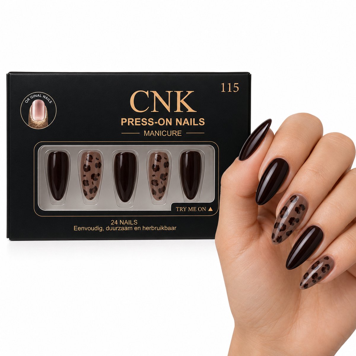 CNK 115 Press On Nails – Lange Amandelvormige Plaknagels – Donkerbruin met Luipaardprint – 24 Kunstnagels met Nagellijm en Plakstickers