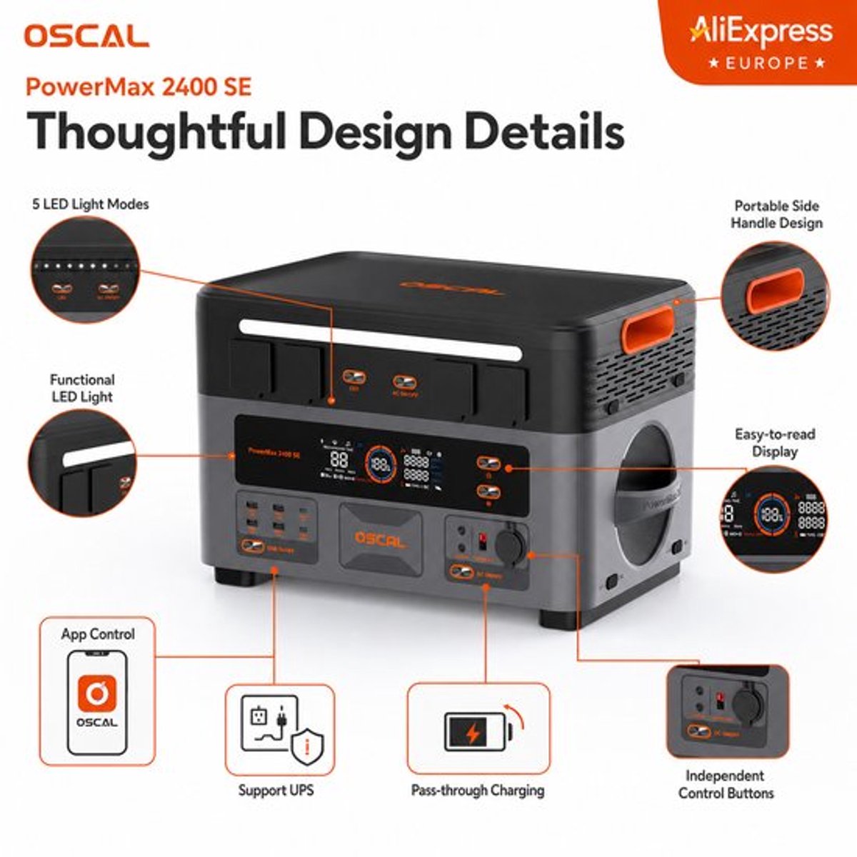 Draagbare Powerstation Black 2400W 2016Wh LiFePO4 Batterij EU Stopcontact Noodstroom Generator