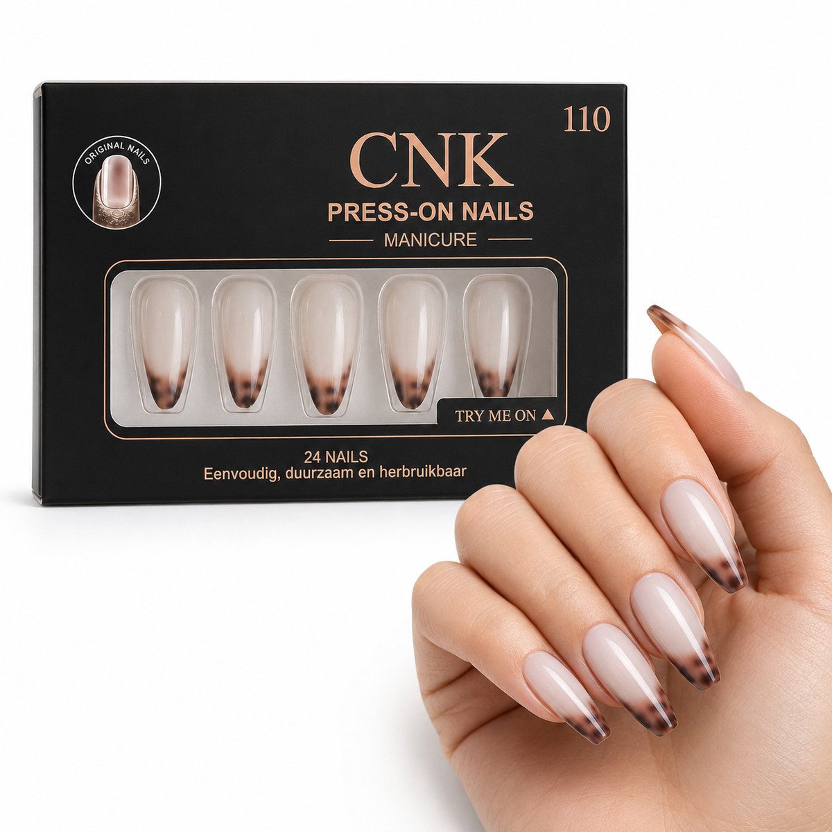 CNK 110 Press On Nails - Plaknagels - 24 Kunstnagels met Nagellijm, 24 Zelfklevende Plakstickers, Cleaner Wipe, Nagelvijl, Woodstick & Size Matcher - Nepnagels voor 7-14 Dagen - Herbruikbare Press-On Nagels - Starterspakket voor Manicure & Nail Art