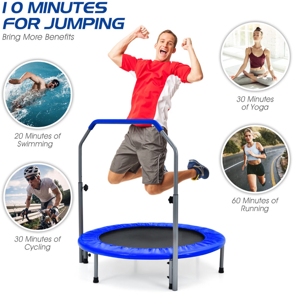 SureDeal® - Trampoline - Opvouwbare Mini Fitness - Hoogte Verstelbare Schuimrubberen - Zwart - 101x96x105 cm - Blauw