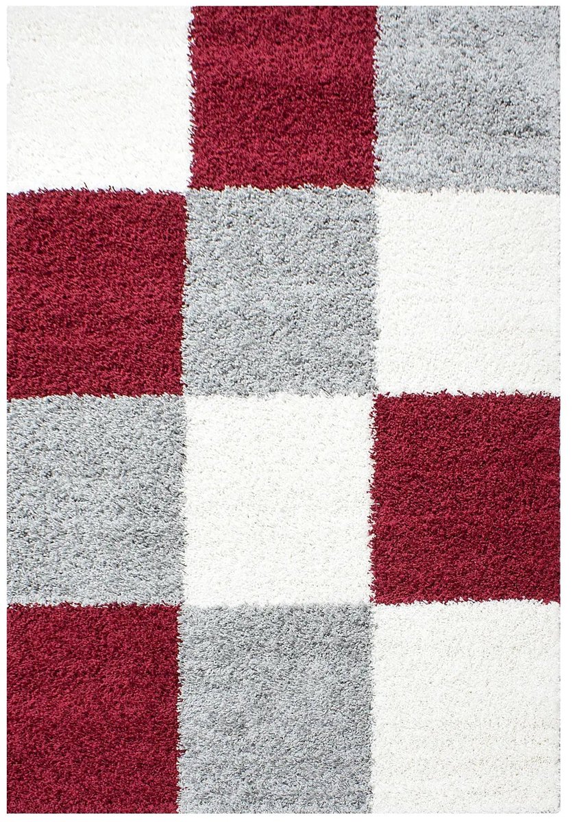 Dutch XXL Hoogpolig Vloerkleed | Tapijt | Shaggy | Life | Blokken | Rood | 80x150 cm