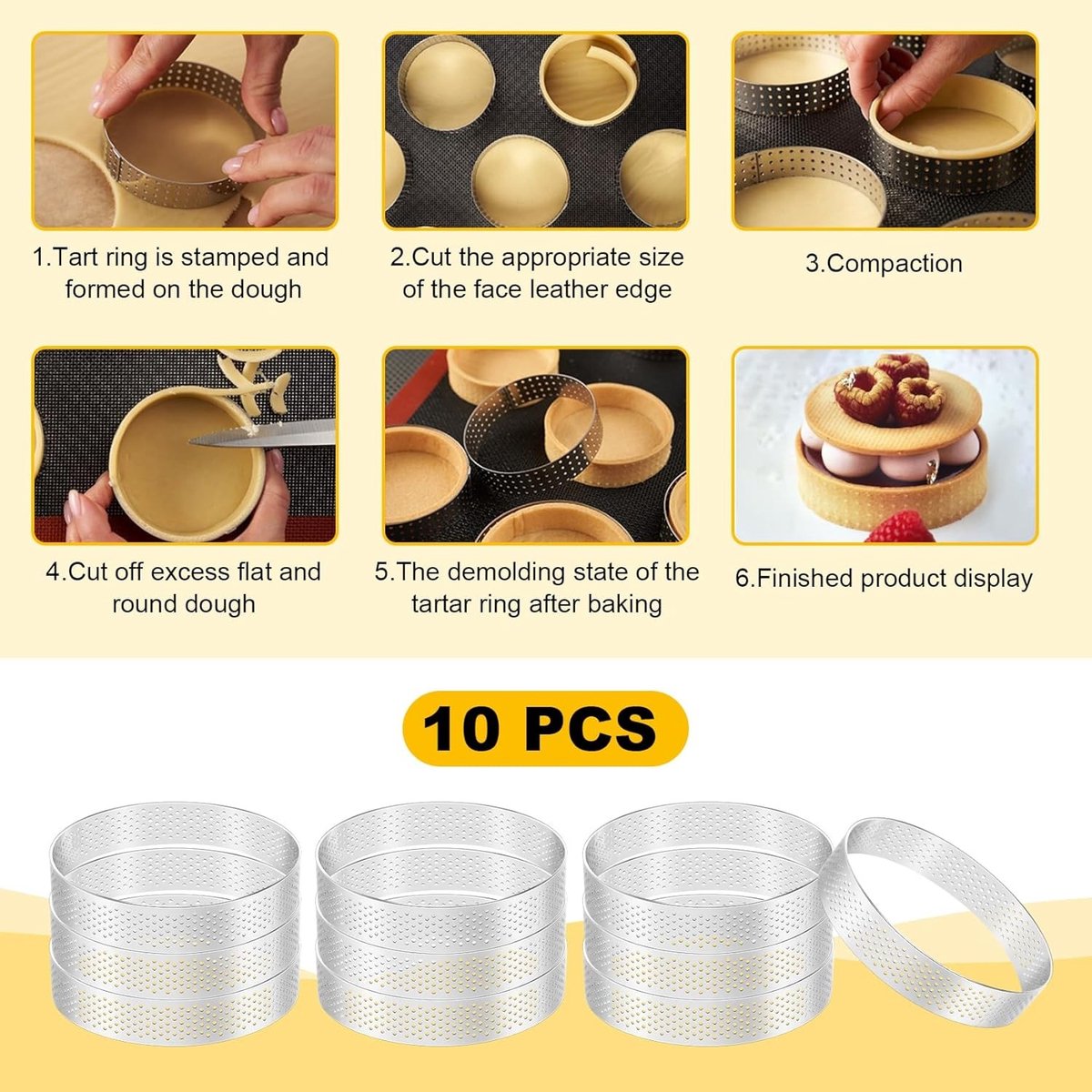Set van 10 ronde taartvormen met gaten van roestvrij staal voor het bakken van taarten, quiches en mousse, 10 cm