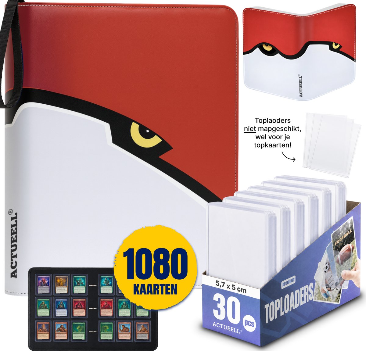 Actueell® A4 Verzamelmap 1080 Kaarten – Binder map voor kaarten - 9 Pocket - Card Binder met Ritssluiting - 50 Pagina's – Inclusief 30 Toploaders niet mapgeschikt – Premium Leer