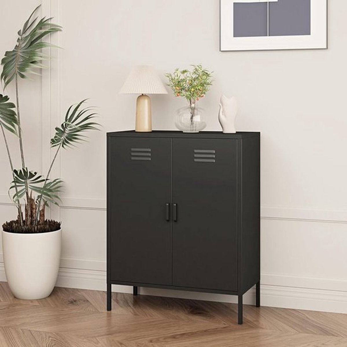 Metalen Archiefkast - Kantoorkast Stalen Kast - Documenten Opbergen - 2 Deuren Ventilatie - 102x80x40 cm - Zwart Mat