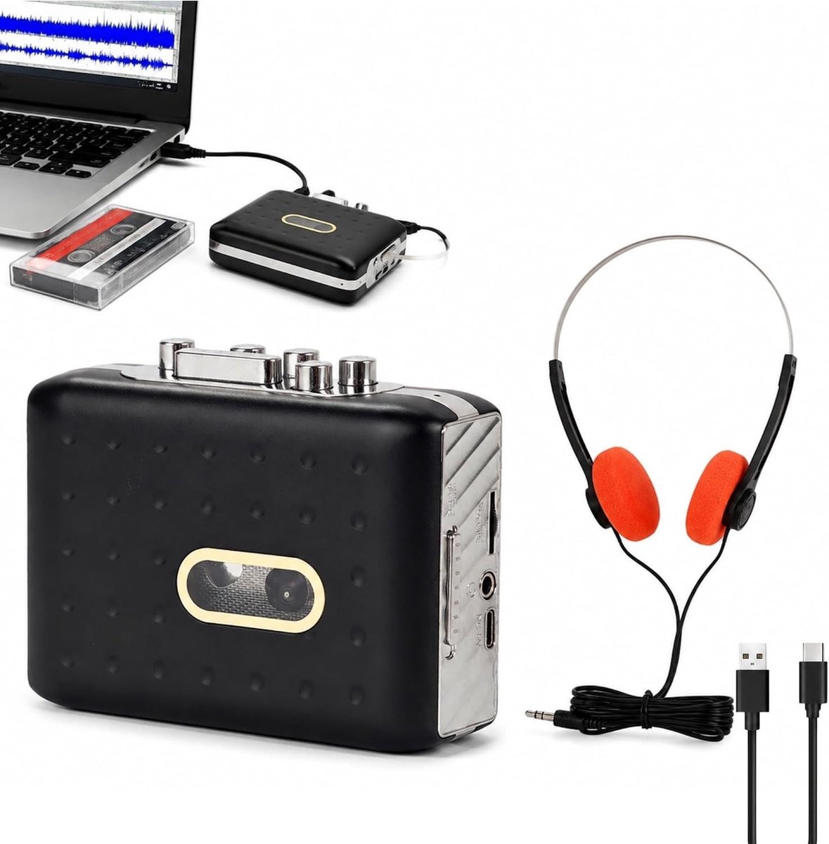 Draagbare Cassette Speler met USB C, Cassette naar MP3 Converter, Microfoon Recorder en Hoofdtelefoon Aansluiting, Zwart