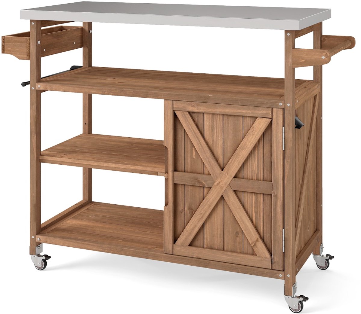 SureDeal® - Barbecue - Houten Barbecuetrolley - Opbergruimte Buitenkeuken - Roestvrijstalen Werkblad - 118x47x92 cm - Koffiebruin