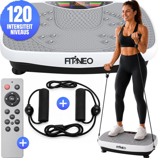 Fitneo trilplaat in wit met grijs en zwarte accenten. Een vrouw in sportkleding staat erop met weerstandsbanden. Inclusief afstandsbediening en extra weerstandsbanden.