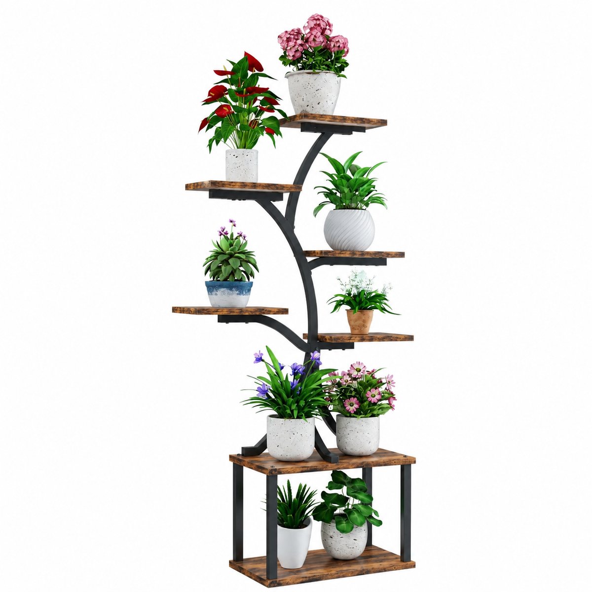 Nyoz boomvormige plantenstandaard - Plantenrek - Plantentrap - 7 niveaus - 151 cm hoog - Tot 5 kg per plank - Metaal en MDF