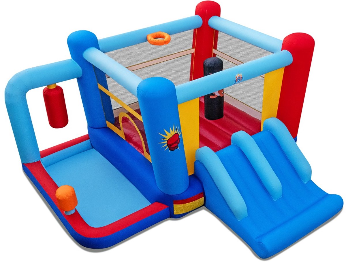 SureDeal® - Kussen - Springkasteel Opblaasbare Structuur - Kinderen - Bokszakken Ballenbak Basketbalring - 402x385x206 cm - Veelkleurig