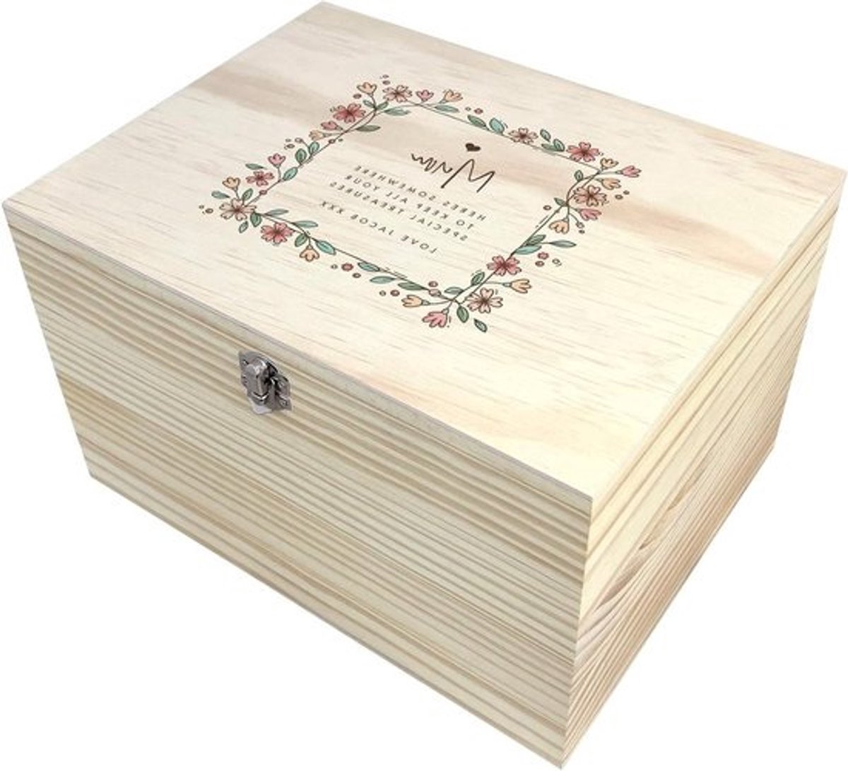 Gepersonaliseerde Geheugenbox - Herinneringen Doos - Cadeau Geven - Bloemenrand Design - 16 x 11 x 9 cm - Bruin
