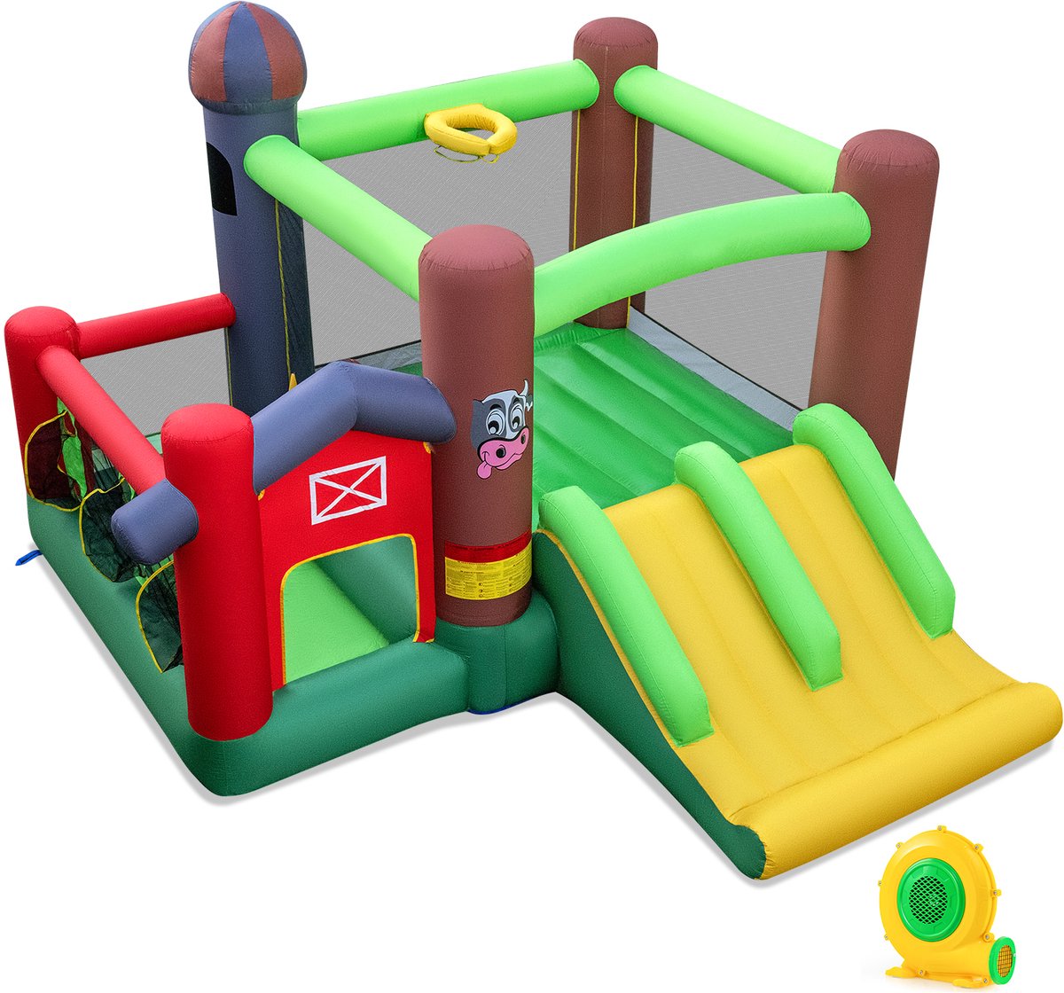 SureDeal® - Kussen - Opblaasbaar Springkussen - Dubbele Glijbaan Boerderij - Trampoline Basketbal Hoepel - 365x332x225 cm - Multicolor