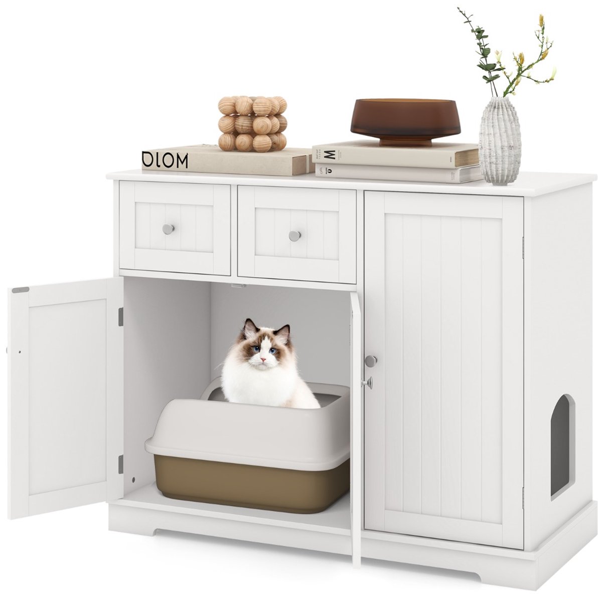 SureDeal® - Kattenhuis - Verborgen Kattenbakkast - Opbergruimte Houten Kattenkast - Deuren - Lades Anti Kantelsets - Katten - 100x45x80 cm - Wit
