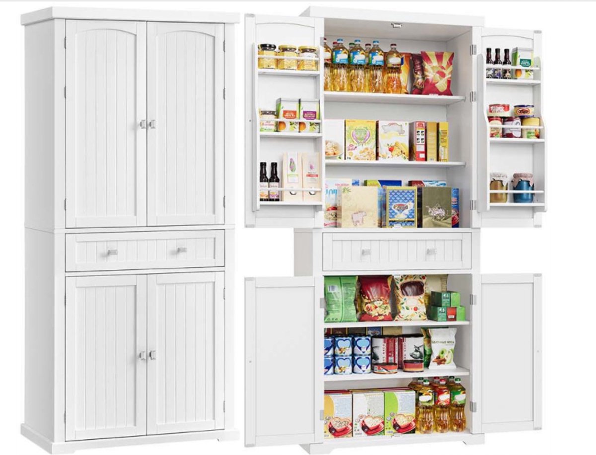 Keukenkast 40 x 76 x 182,1 cm Wit, Badkamerkast Vrijstaand, Opbergkast met 6 Deuren, 4 Verstelbare Planken en Lade, Keukenmeubel met Extra Grote Opbergruimte, Dressoirkast, Multifunctionele Kast voor Keuken, Woonkamer en Eetkamer — cadeau in Cadeau-ideeën - foto 3