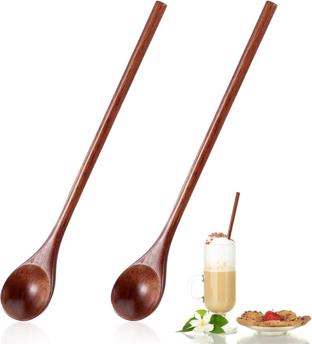 Set van 2 Lange Houten Lepels van 20 cm voor Koffie, Honing, Thee en Soepen, Ideaal voor Koken en Bakken