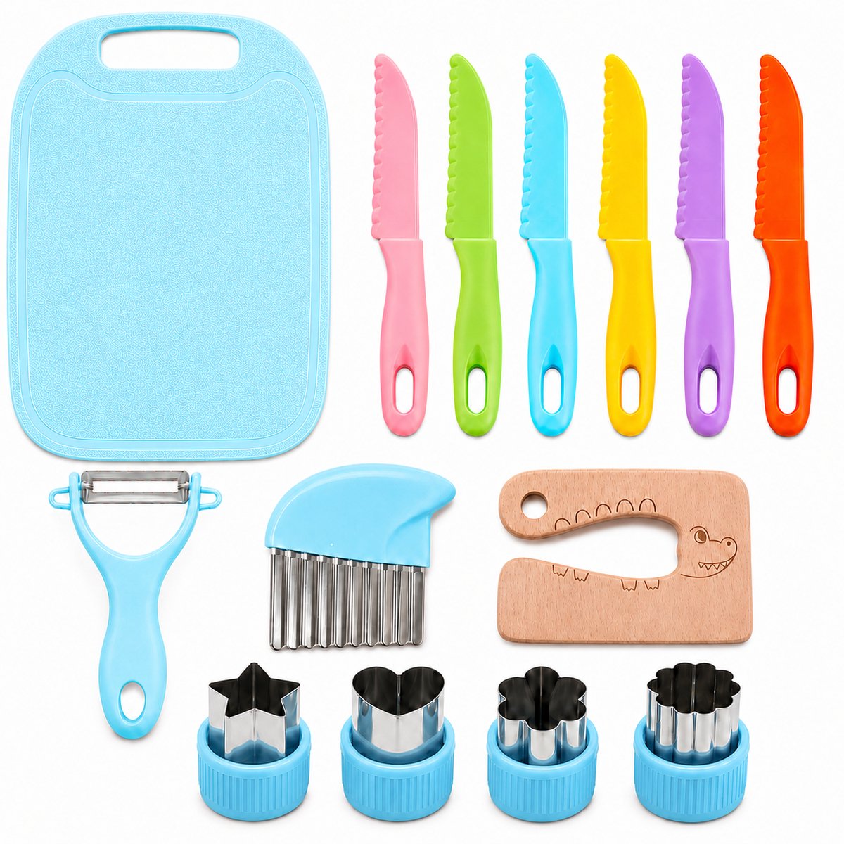 Joybelli® Kinderkeuken Set 14-delig | Kindermessen | Snijplank | Dunschiller | Uitsteekvormpjes | Veilig Kookgerei voor Kinderen
