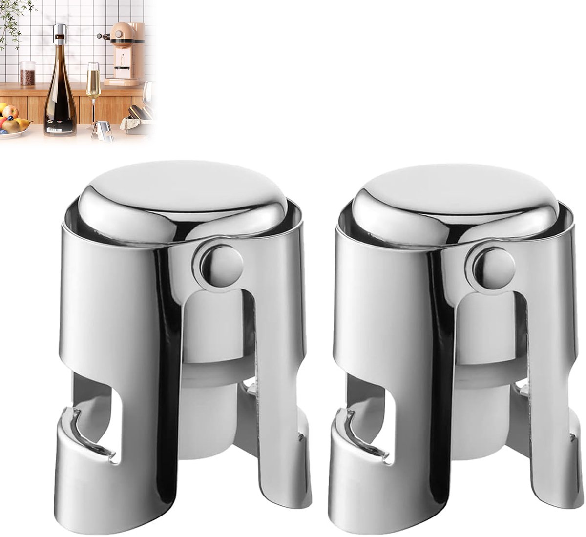 Set van 2 zilverkleurige roestvrijstalen champagnestoppers- vacuümsealer voor flessen mousserende wijn