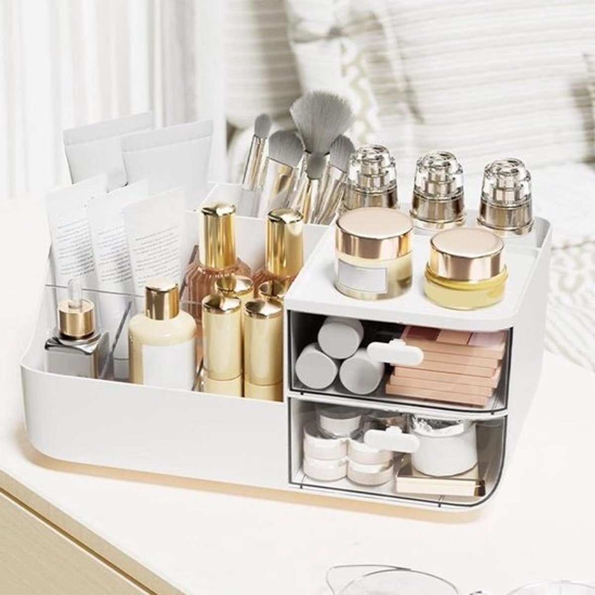 Make-up organizer - Cosmetica opberger - Bureau organiseren - Met 2 laden - 27.5 x 14.5 x 12.5 cm - Wit