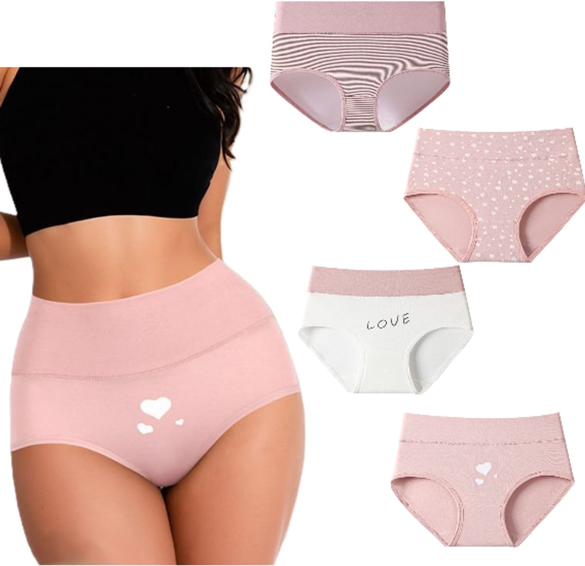 4 Stuks Ondergoed - High-Waist Slips - Maat M - Dames Onderbroeken - Wasbaar - Herbruikbare inlegkruisjes – Comfortabel, Ademend & Zacht Katoen - Roze & Wit met Hartjes - LOUZIR