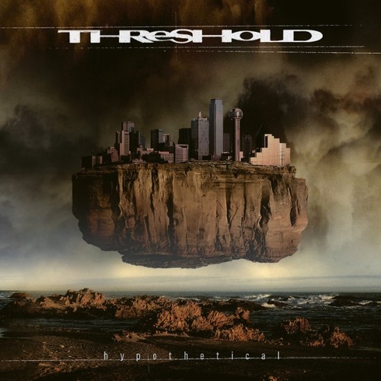 Artwork van het album 'Hypothetical' van Threshold. Een stad zweeft boven een rotsachtige eiland, boven de zee.